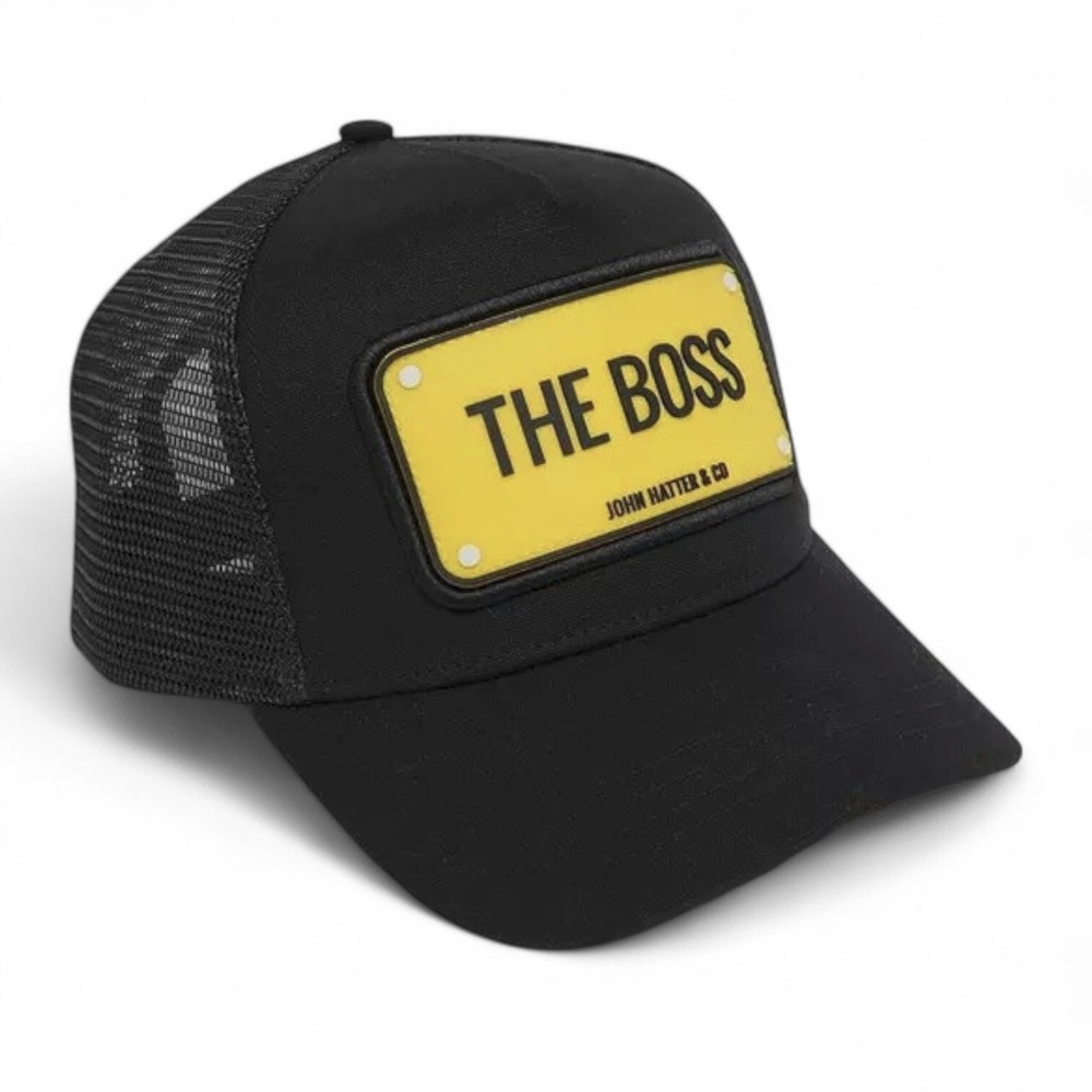 John Hatter & Co The Boss Trucker Hat Rubber Plaque Black Snapback Cap NEW w Tag